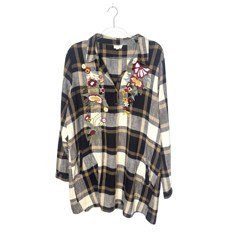 Kyla Seo Embroidered Tunic Top XL Plaid Popover Cotton Roll Tab Sleeves Fall